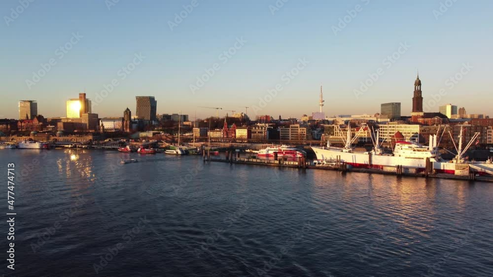 Wonderful view over Hamburg harbour and the Elbphilharmonie Concert Hall at sunset - drone photography Germany from above Wonderful view over Hamburg harbour and the Elbphilharmonie Concert Hall at sunset - drone photography Germany from above