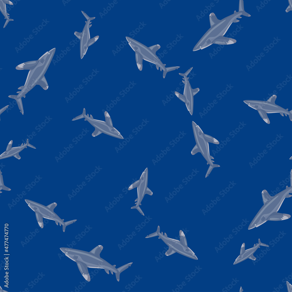 Oceanic whitetip shark seamless pattern in scandinavian style. Marine animals background. Vector illustration for children funny textile. Oceanic whitetip shark seamless pattern in scandinavian style. Marine animals background. Vector illustration for children funny textile.