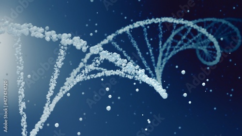 Cosmetic water bubble DNA and mRNA background with cell droplets and copy space. Full-Frame macro light blue and white concept 3D illustration of transparent helix as beauty care and science display. photo