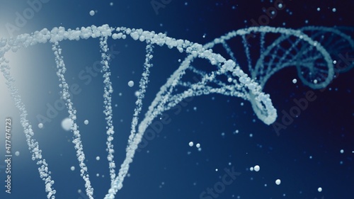 Cosmetic water bubble DNA and mRNA background with cell droplets and copy space. Full-Frame macro light blue and white concept 3D illustration of transparent helix as beauty care and science display.