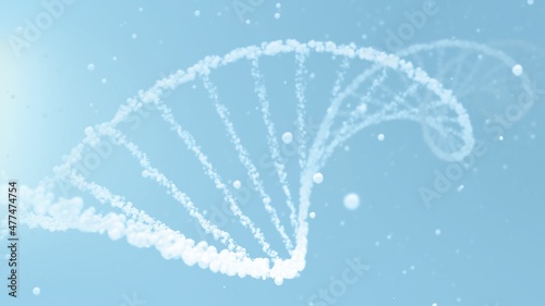 Cosmetic water bubble DNA and mRNA background with cell droplets and copy space. Full-Frame macro light blue and white concept 3D illustration of transparent helix as beauty care and science display. photo