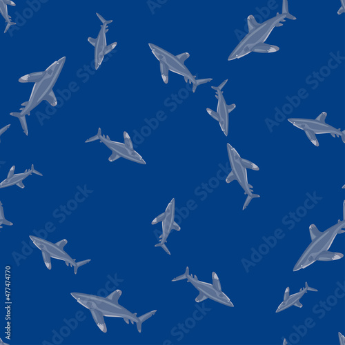 Oceanic whitetip shark seamless pattern in scandinavian style. Marine animals background. Vector illustration for children funny textile.