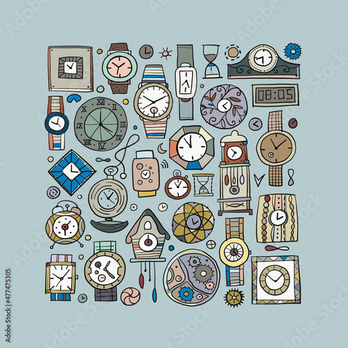 Set of clocks and watches in different style. Retro and modern collection for...