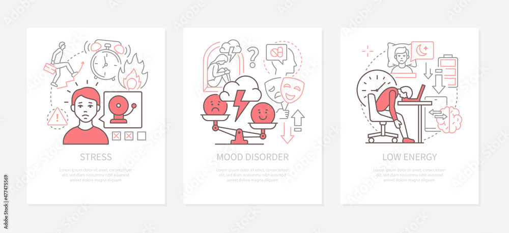 Stress and mood disorder - modern line design style banners set