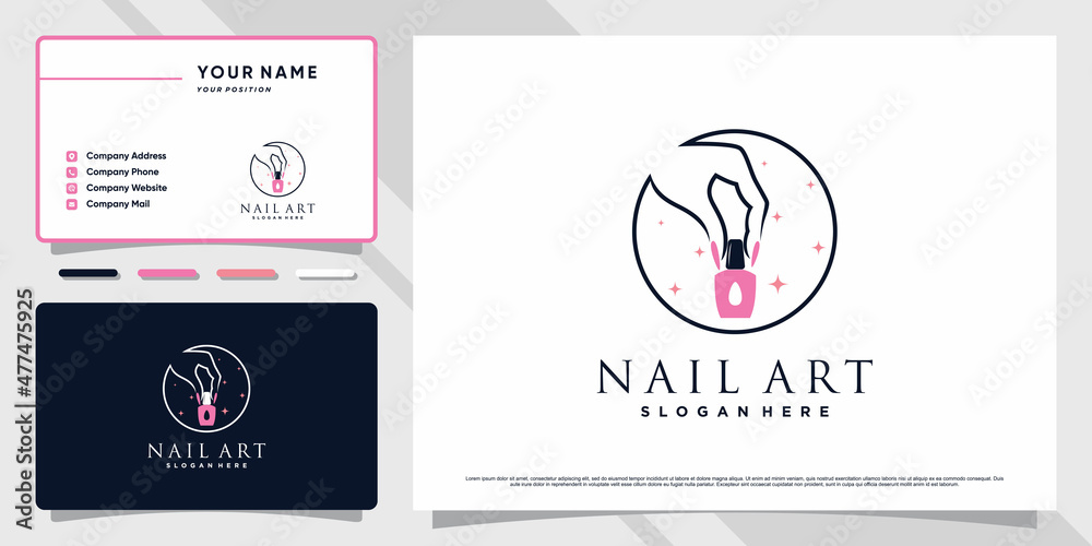 Creative nali art logo with circle line art style and business card design Premium Vector