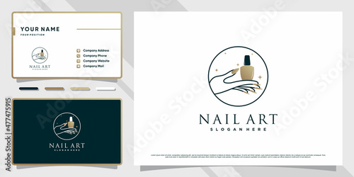 Nail art logo with circle concept and business card design Premium Vector