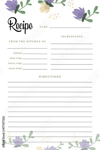 Black Recipe Book Purple Flower Template, Black Pages Sheet Organizer Binder, Kitchen Cookbook
