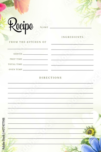 Blank Recipe Book Printable Template Flower, Blank Pages Sheet Organizer Binder v1
