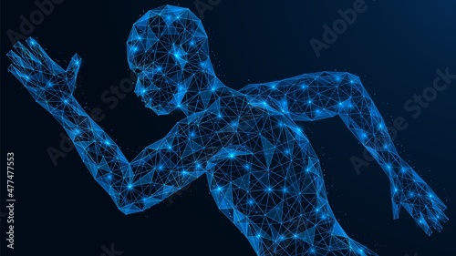 A running man. The technique of the hands when moving. Healthy lifestyle. Polygonal design of interconnected lines and points. Blue background.