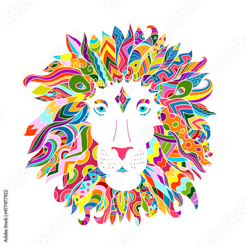 Hand drawn outline lion head decorated with abstract doodle zentangle ornamen...