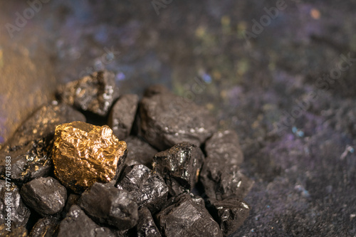 hard coal in the pile. a piece of gold among the coal. extracted underground.