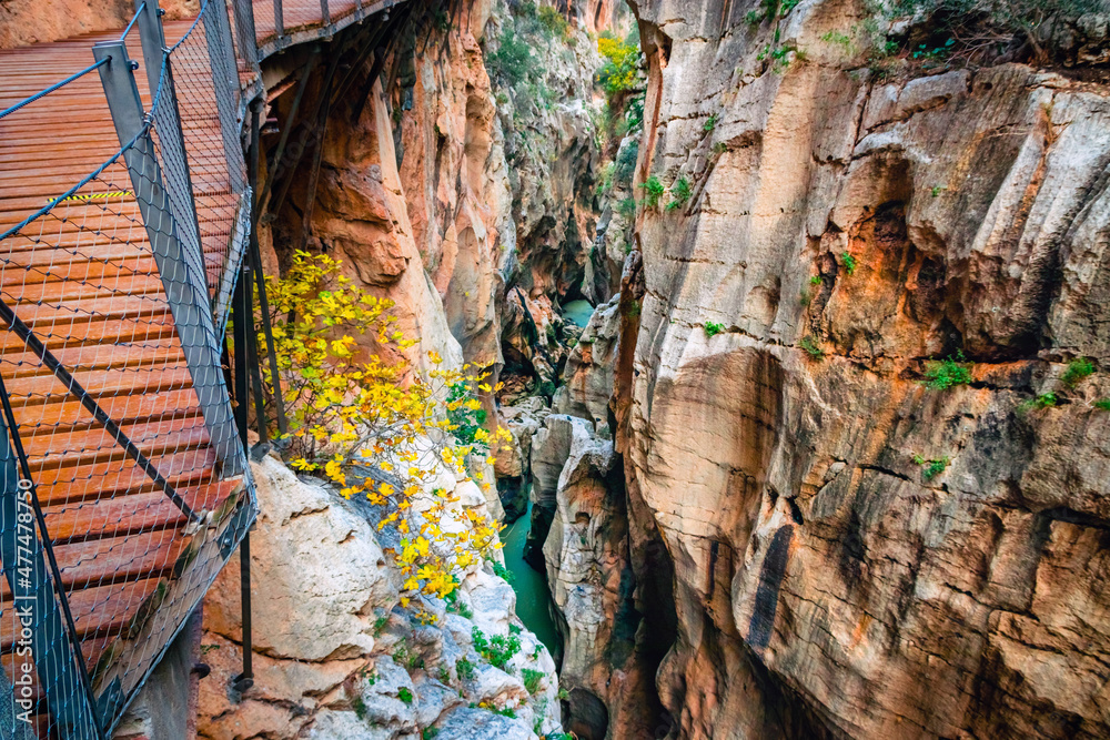 Caminito del Rey walking trail , Kings little pathway, Beautiful views of El Chorro Gorge, Ardales, Malaga, Spain.