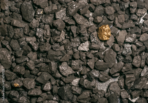 hard coal in the pile. a piece of gold among the coal. extracted underground.