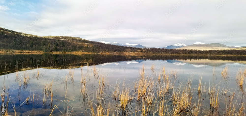 panoramic view of mountain and lake in the fall. hiking and relaxation concept.