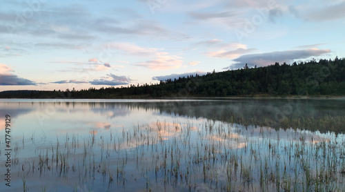 tranquil landscape scenery during blue hour with reflections in water and pink skies.