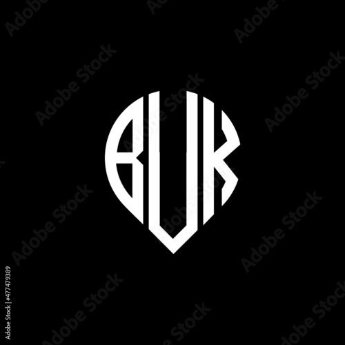 BUK letter logo design on black background. 
BUK circle letter logo design with ellipse shape.
BUK creative initials letter logo concept.BUK logo vector. 