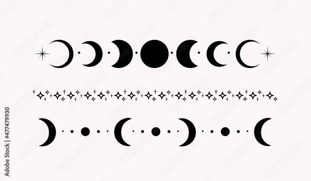 Set of line art mystical esoteric black crescent moon and stars dividers