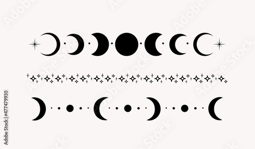 Photo Set of line art mystical esoteric black crescent moon and stars dividers