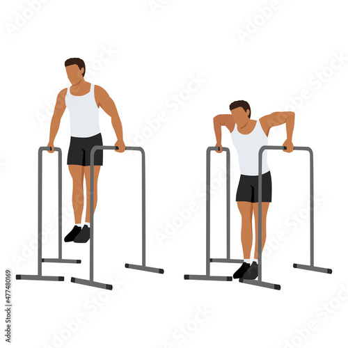 Man doing Gironda Dips exercise. Flat vector illustration isolated on white background. workout character set