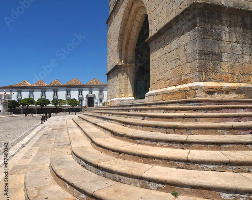 Cathedral of Faro or Se catedral de Faro with stairs at the Algarve coast of Portugal