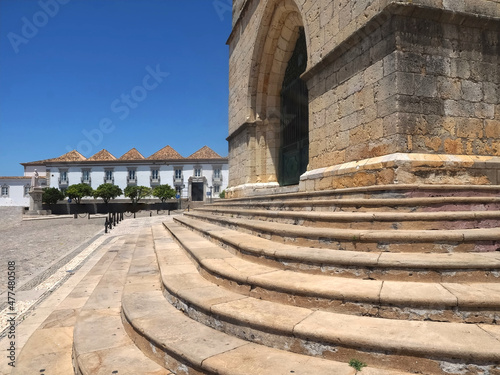 Cathedral of Faro or Se catedral de Faro with stairs at the Algarve coast of Portugal