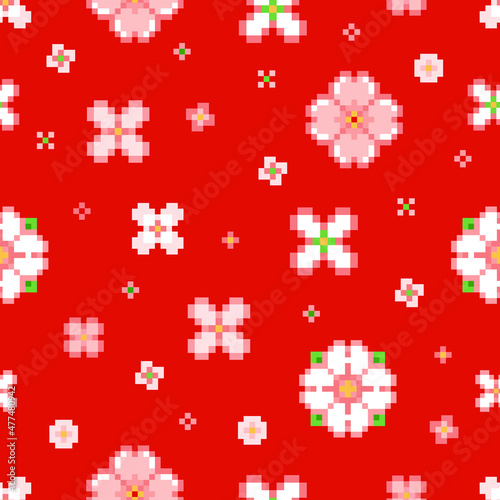 Pixel art Chinese plum flowers seamless pattern. Lunar new year gift decorations with sakura blossom seamless pattern. Repeat red color tile. Asian backdrop or background with 8 bit floral pattern.