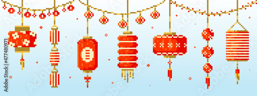 Pixel art Chinese new year paper lanterns ornaments set. Vector 8 bit style collection of Chinese hanging lanterns and lamps decorations. Isolated elements of retro video game computer graphic.