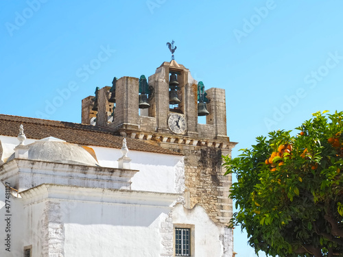 Cathedral of Faro or Se catedral de Faro with a bell tower at the Algarve coast of Portugal