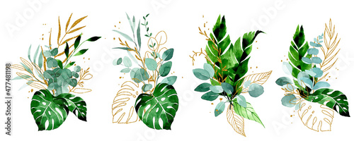 watercolor drawing. set of compositions, bouquets of tropical leaves. green and gold leaves of palm, monstera, banana. boho style decoration with shiny gold elements photo