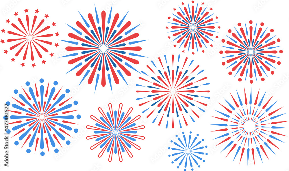 Set of festive fireworks blue and red. Collection of different geometric shapes and ornaments. Flat vector illustration isolated on a white background.