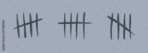 Tally marks set on grey background. Collection of black hash marks signs of prison wall, jail or desert island lost day tally numbers counting. Chalk drawn sticks lines counter. Vector illustration.