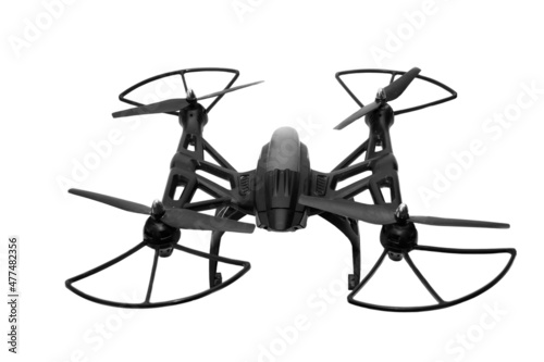 Black quadcopter isolated on white background. Big black drone.