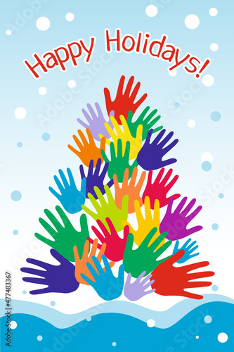 New Year's multi-colored card with text and lettering Happy Holidays with snow and a Christmas tree from the palms of people