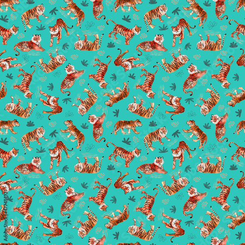 Wild animals seamless pattern, watercolor tigers on turquoise background