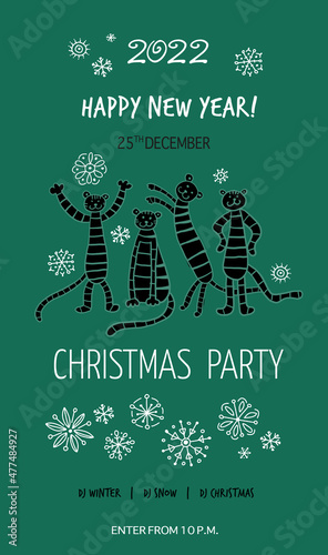Christmas banner template with funny Tigers. Symbol of 2022 New Year.