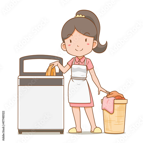Cartoon character of housekeeper putting clothes in the washing machine.
