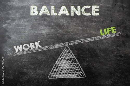 Life balance chart. The word work outweighs the word life. Chalk drawing on a school board.