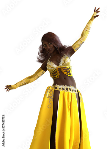 3D Belly dancer black skinned girl in yellow outfit