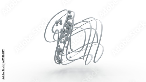 3d rendering of a spiral shape, grid, abstract geometric figure isolated on a white background. The grid is filled with spheres, lots of balls of different sizes. Futuristic design.