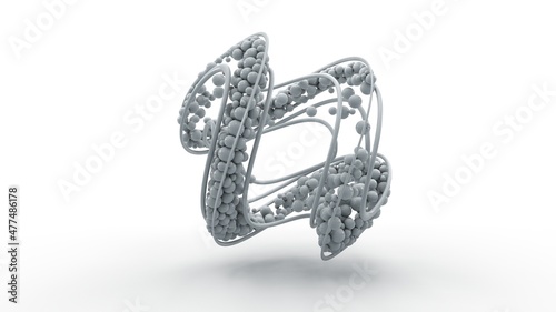 3d rendering of a spiral shape, grid, abstract geometric figure isolated on a white background. The grid is filled with spheres, lots of balls of different sizes. Futuristic design.