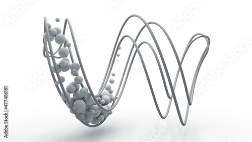 3d rendering of a spiral shape, grid, abstract geometric figure isolated on a white background. The grid is filled with spheres, lots of balls of different sizes. Futuristic design.