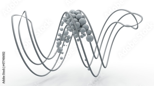 3d rendering of a spiral shape, grid, abstract geometric figure isolated on a white background. The grid is filled with spheres, lots of balls of different sizes. Futuristic design.