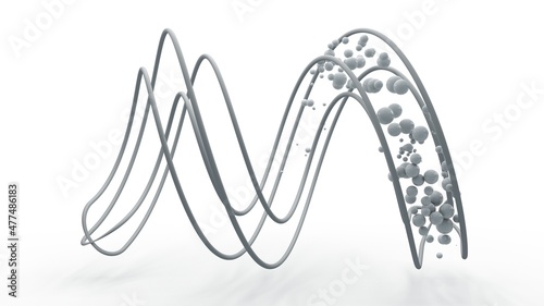 3d rendering of a spiral shape, grid, abstract geometric figure isolated on a white background. The grid is filled with spheres, lots of balls of different sizes. Futuristic design.