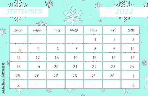 Calendar September 2022. calendar template with snowflakes. Isolated on blue background. Week starts sunday.