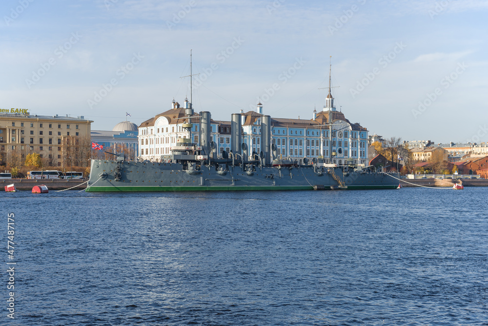 SAINT PETERSBURG, RUSSIA - OCTOBER 25, 2019: Old cruiser 