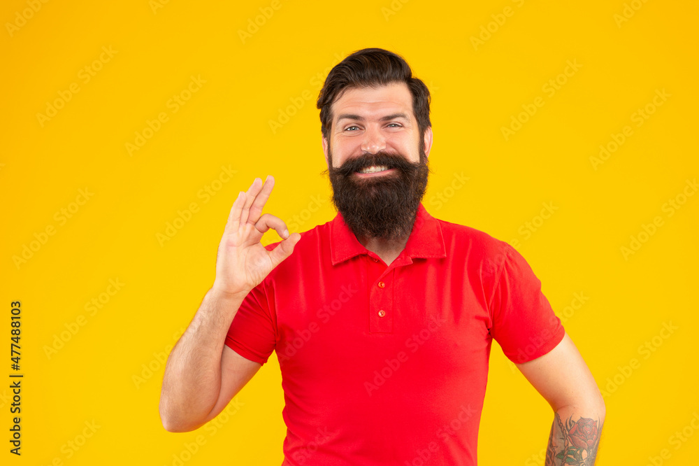 happy hipster male with beard showing ok gesture on yellow background, hairstyle happy hipster male with beard showing ok gesture on yellow background, hairstyle