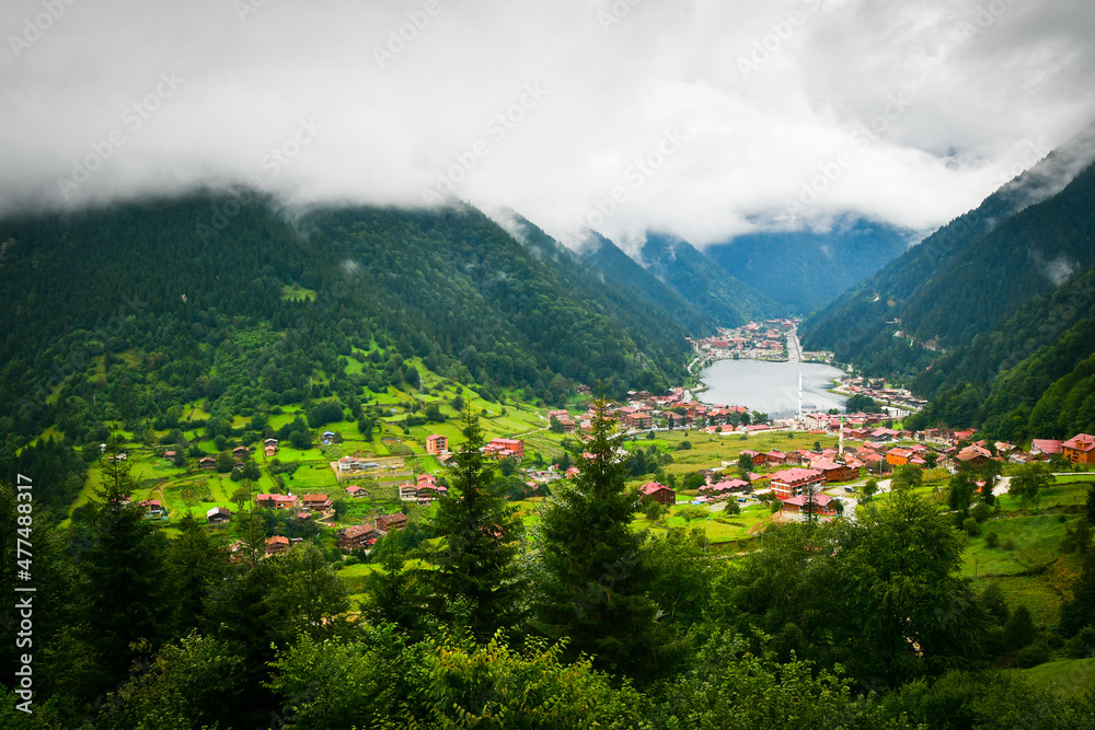 Greenery with stunning mountain lake with turquoise water with beautiful homes in mountains village Uzun Gol in Karadeniz - obrazy, fototapety, plakaty 
