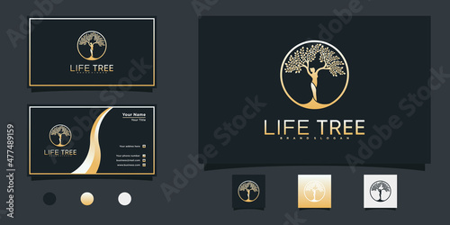 Life tree logo design with gold gradient colour and business card template. logo can be used for company, bisnis, and salon Premium Vektor. part 1