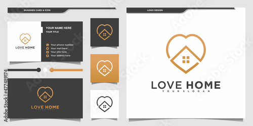 Minimalist love home logo with unique line art style and business card Premium Vektor