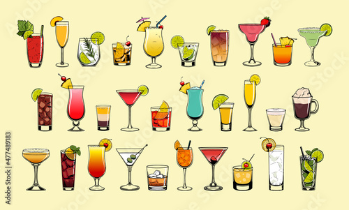 Set cocktail color drink bar illustration vector